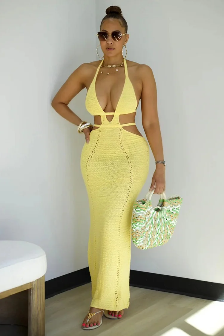 Halter Backless Hollow Out Knit Vacation Maxi Dresses-Yellow [Pre Order]