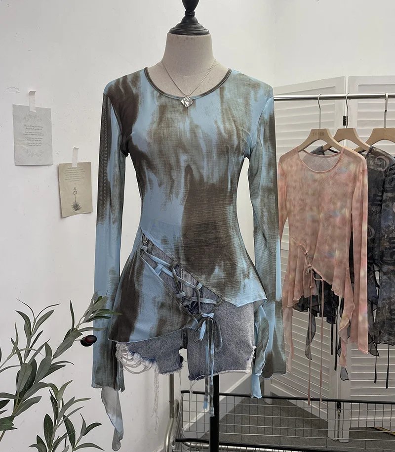 Uveng Irregular Tie With Lotus Leaf Side Tie Print Mesh Yarn Perspective Sunscreen Shirt T-Shirt T-Shirt Short T-Shirt 9928