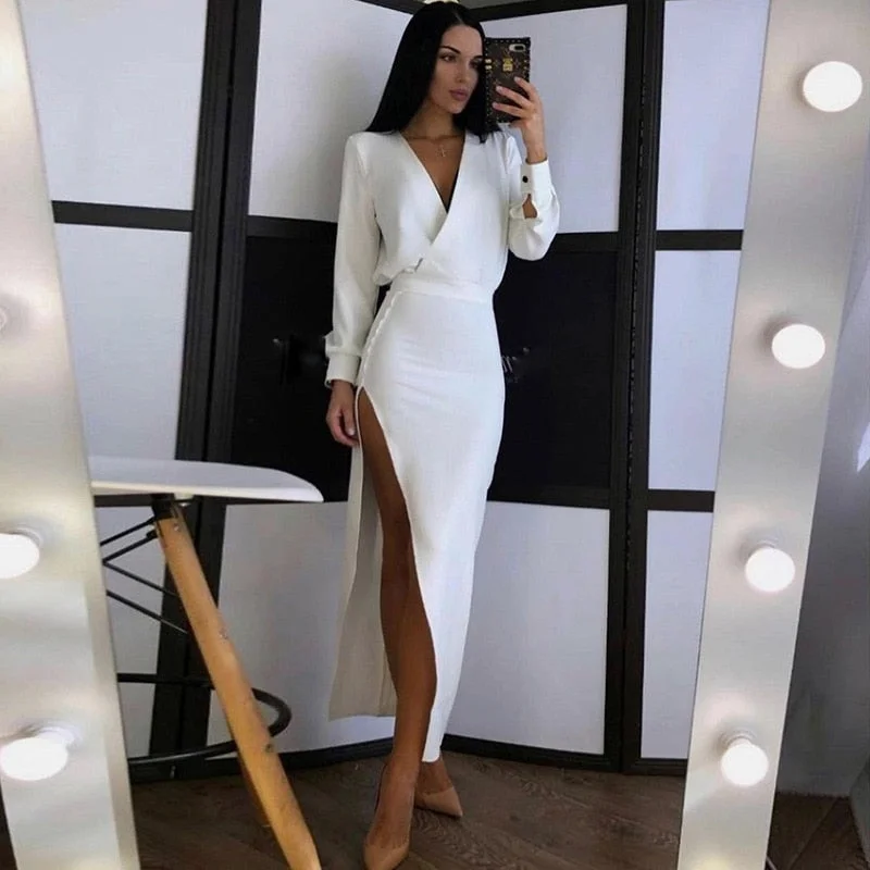 Elegant Long Sleeve White Bodycon Long Dress for Women Slit Sexy Party Evening Maxi Dresses Red Christmas Festival Clothing