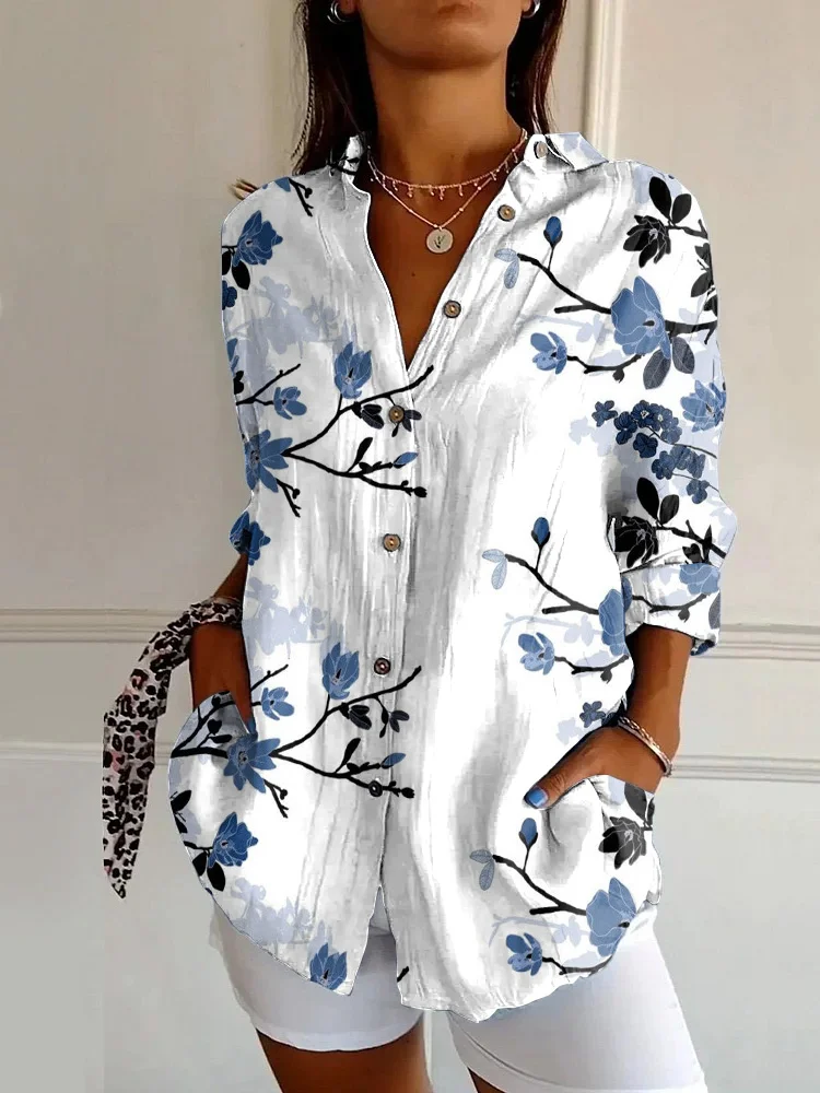 Retro Blue Floral Print Casual Long-sleeved Shirt