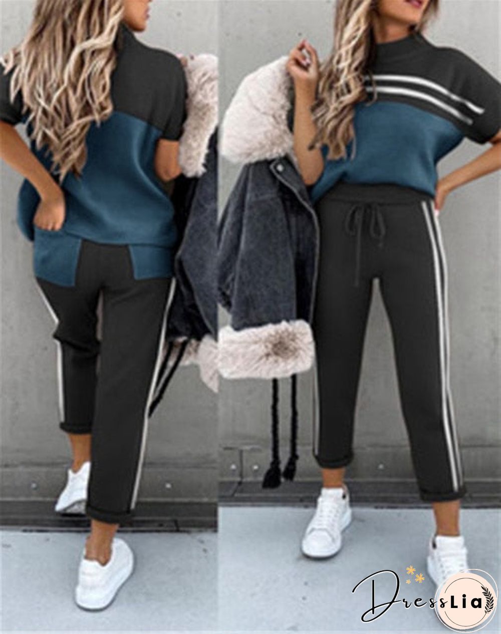 Women Summer Casual Loose 2 Piece Set Side Stripes Drawstring Design Pockets Decor Mid Waist Long Pants+O-Neck Short Sleeve Top