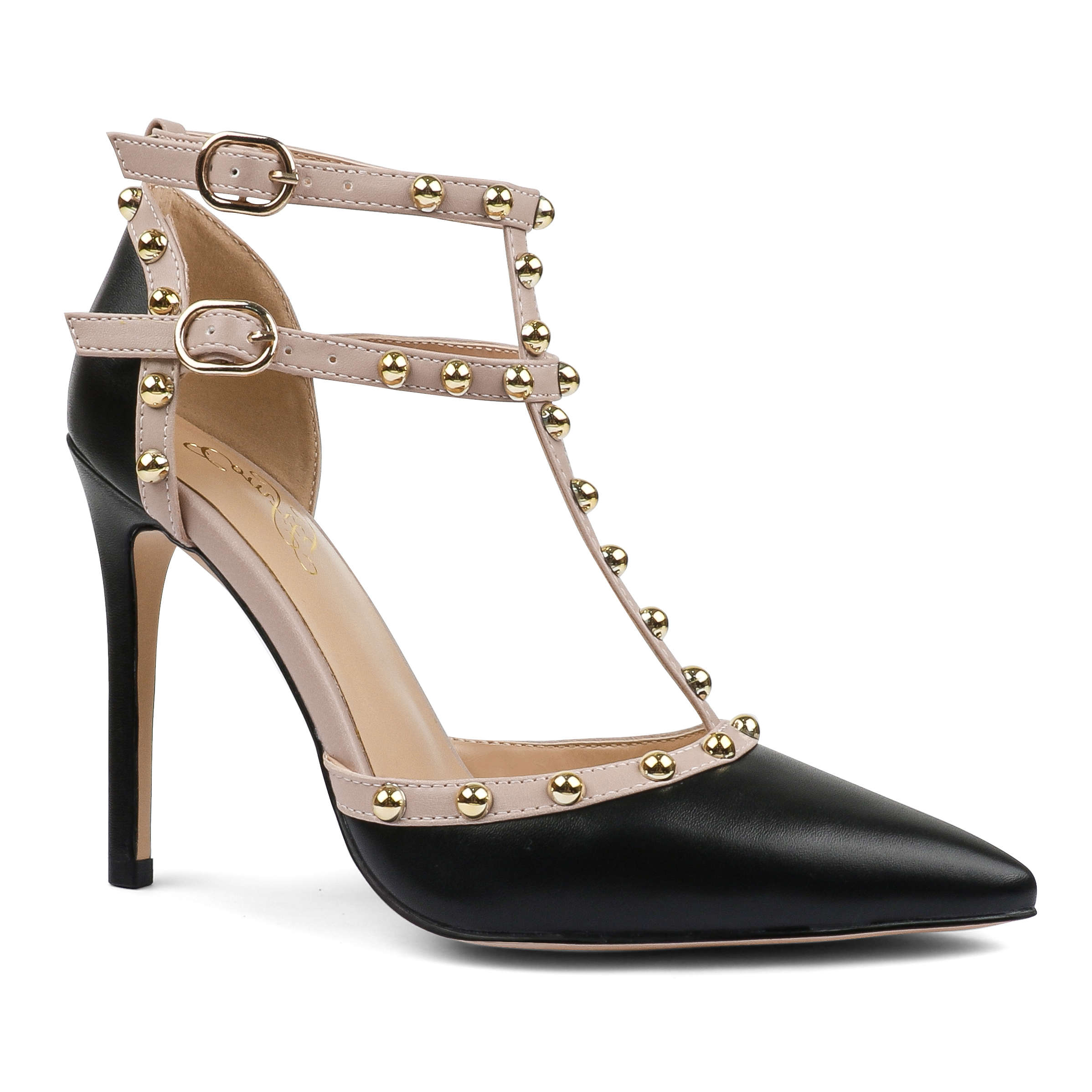 100mm Womens Pointed Toe Pumps Round Rivets Ankle Strap Sandals-MERUMOTE