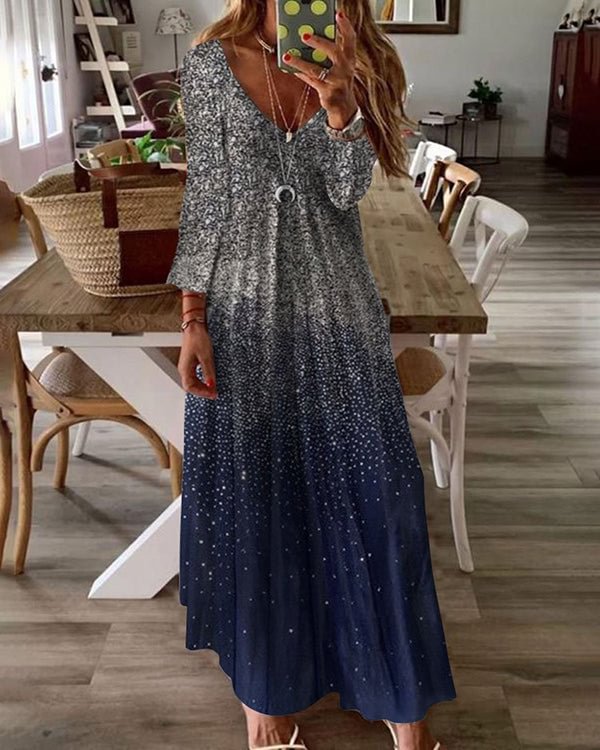 Casual V Neck Floral Print Long Dress