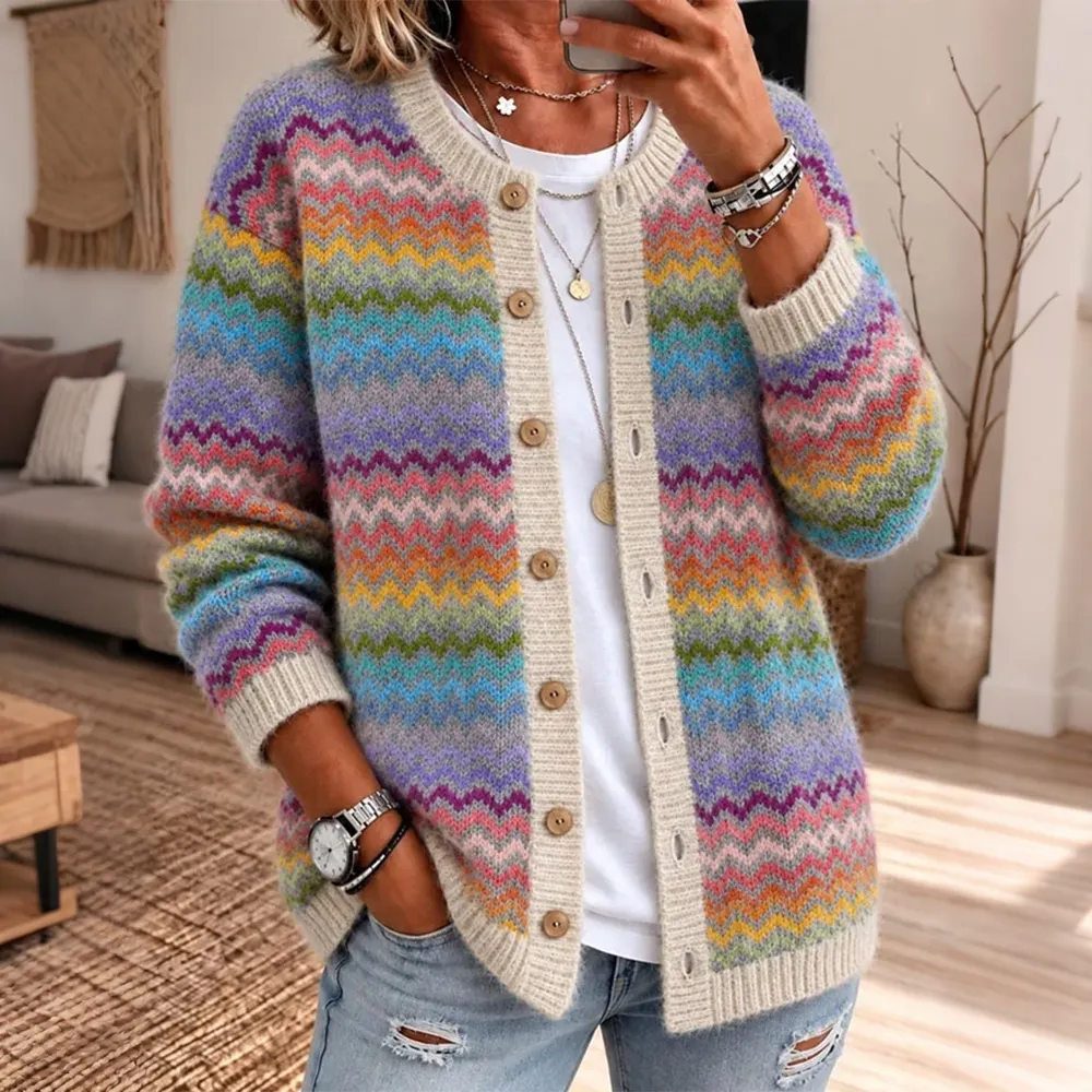 Comstylish Women's Retro Rainbow Chevron Stripe Relaxed Fit Contrast Trim Button Knit Cardigan Sweater