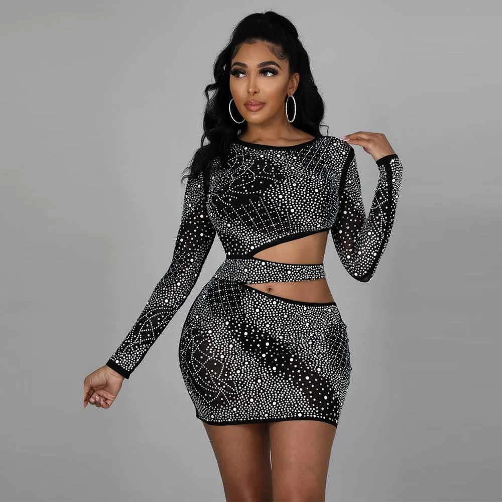 Sesy waist hollow rhinestone bodycon mini dress-zachics