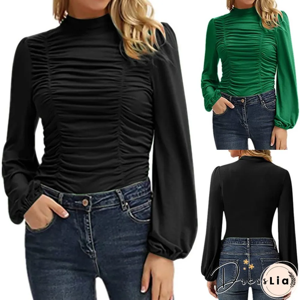 Blouses For Women Fashion Casual Long Sleeve neck fitted ruched elegant blouse