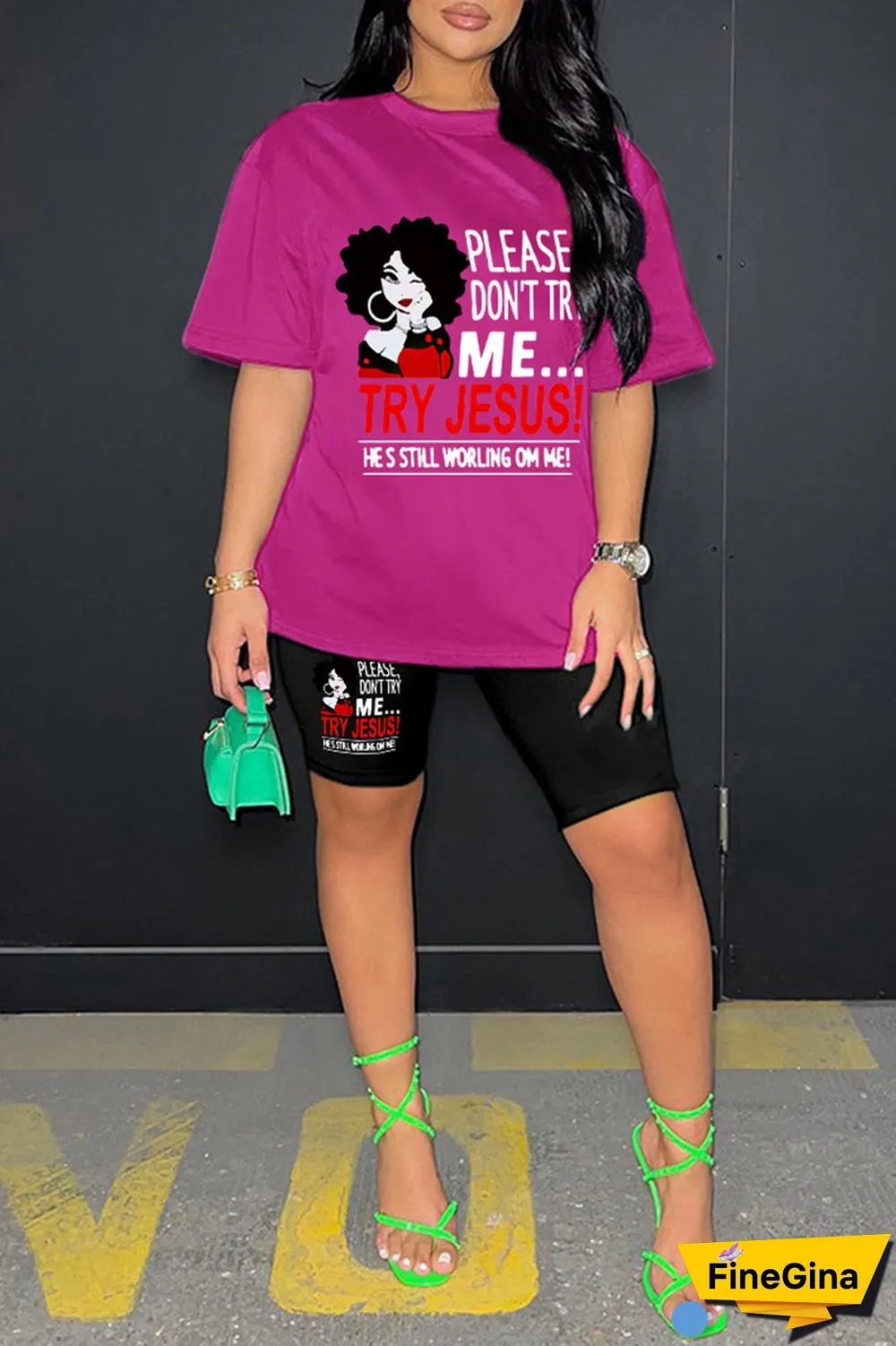 Pink Casual Print Basic O Neck Short Sleeve Two Pieces