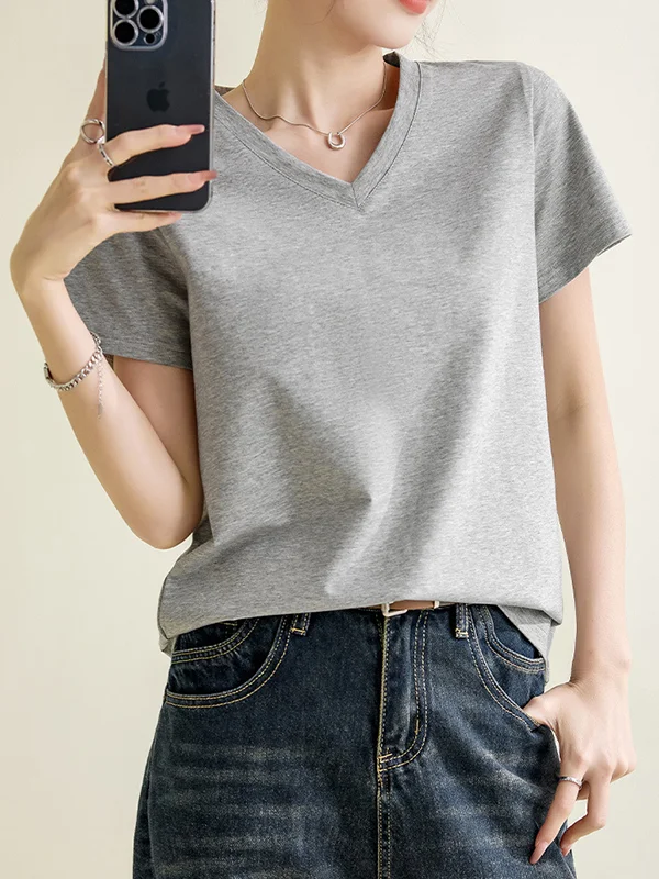 Loose Short Sleeves Solid Color V-Neck T-Shirts Tops
