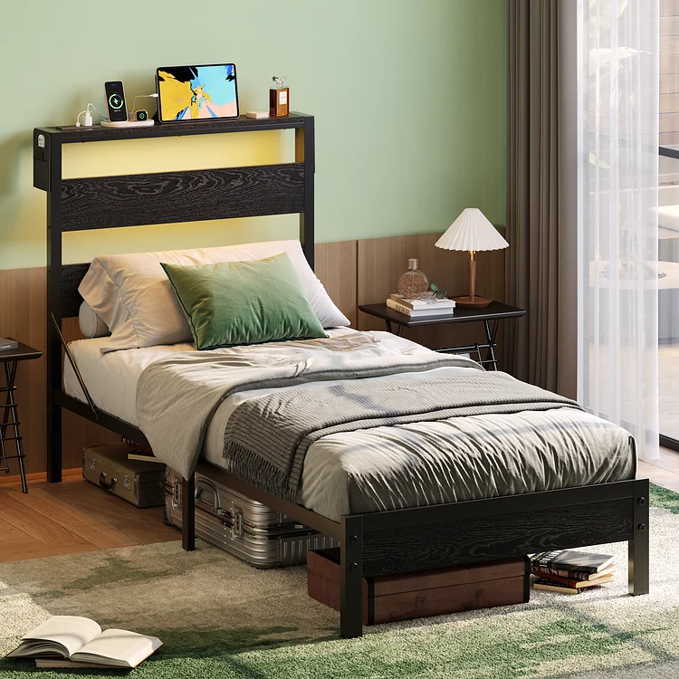 Bestier Platform Bed Frame with Storage Headboard, LED Lights & USB Charging Station