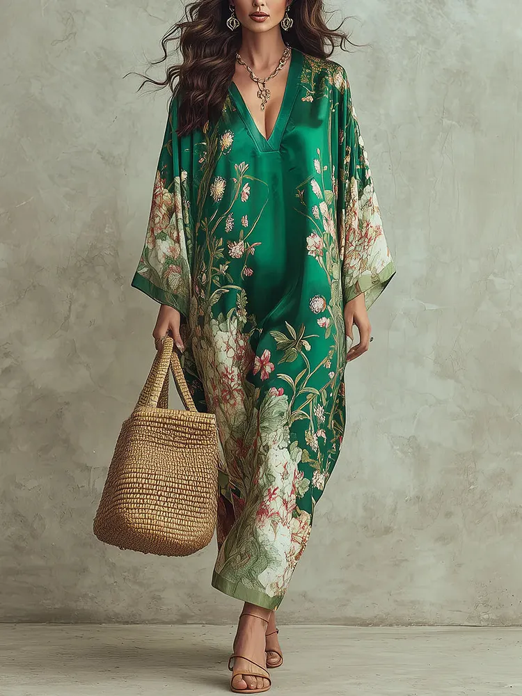 Green Floral Print V-neck Kaftan Maxi Dress