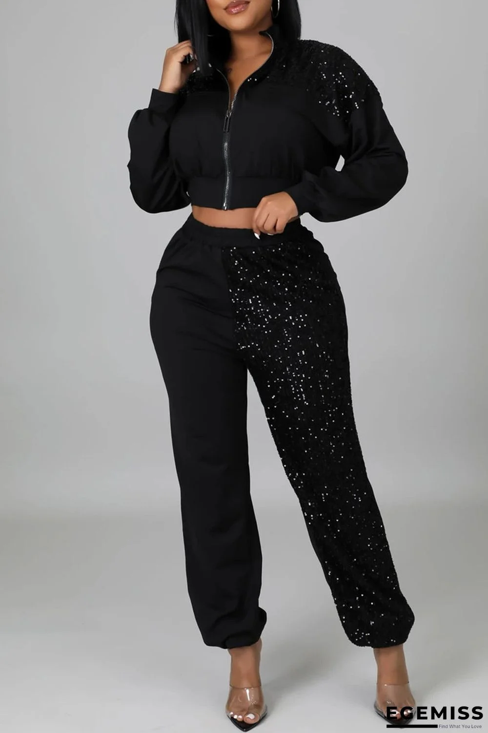 Black Fashion Casual Patchwork Sequins Zipper Collar Long Sleeve Two Pieces | EGEMISS