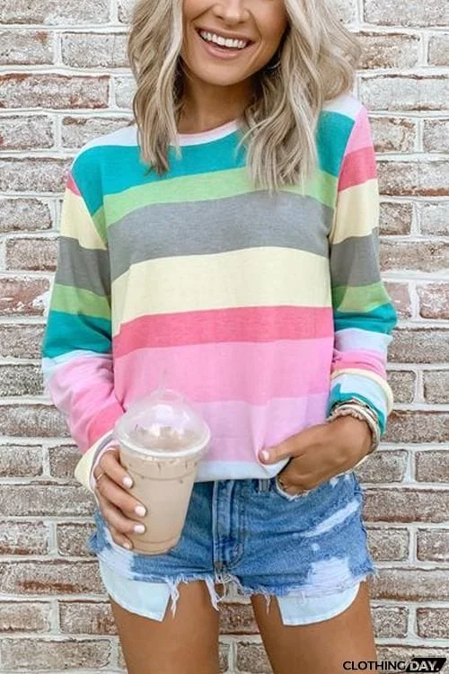 Rainbow Stripe O Neck Long Sleeve T Shirt