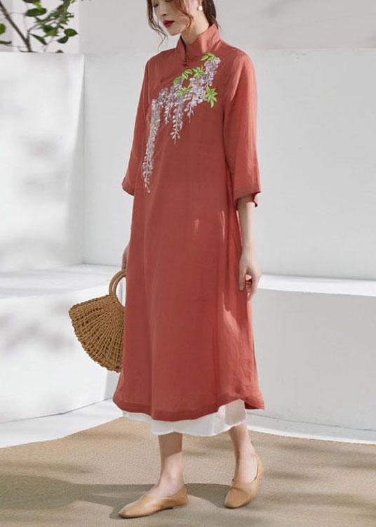 VCSHOES Rust Embroideried Patchwork Button Summer Ramie Summer Dresses Half Sleeve