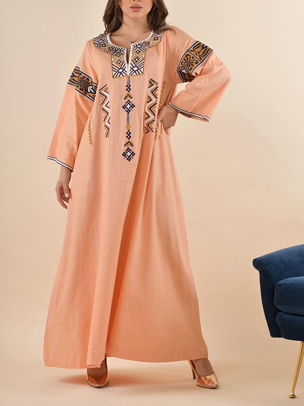 Round neck orange printed long sleeve maxi dress
