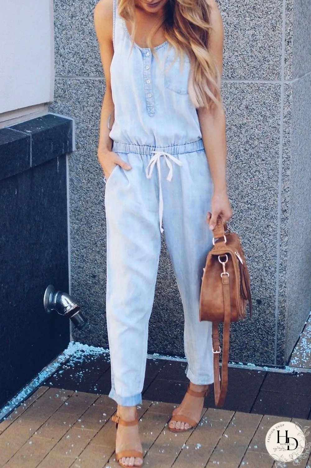 Scoop Neck Drawstring Sleeveless Jumpsuit
