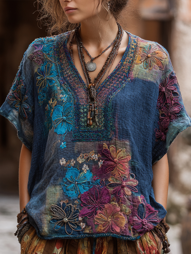 Comstylish Bohemian-style Patchwork Multi-colored Flower Three-dimensional Embroidery V-neck Short-sleeved Shirt