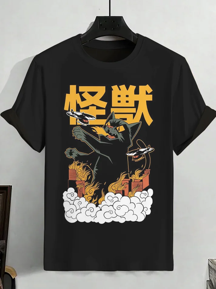 Men's Catzilla Giant Black Cat Print Cotton Casual T-Shirt