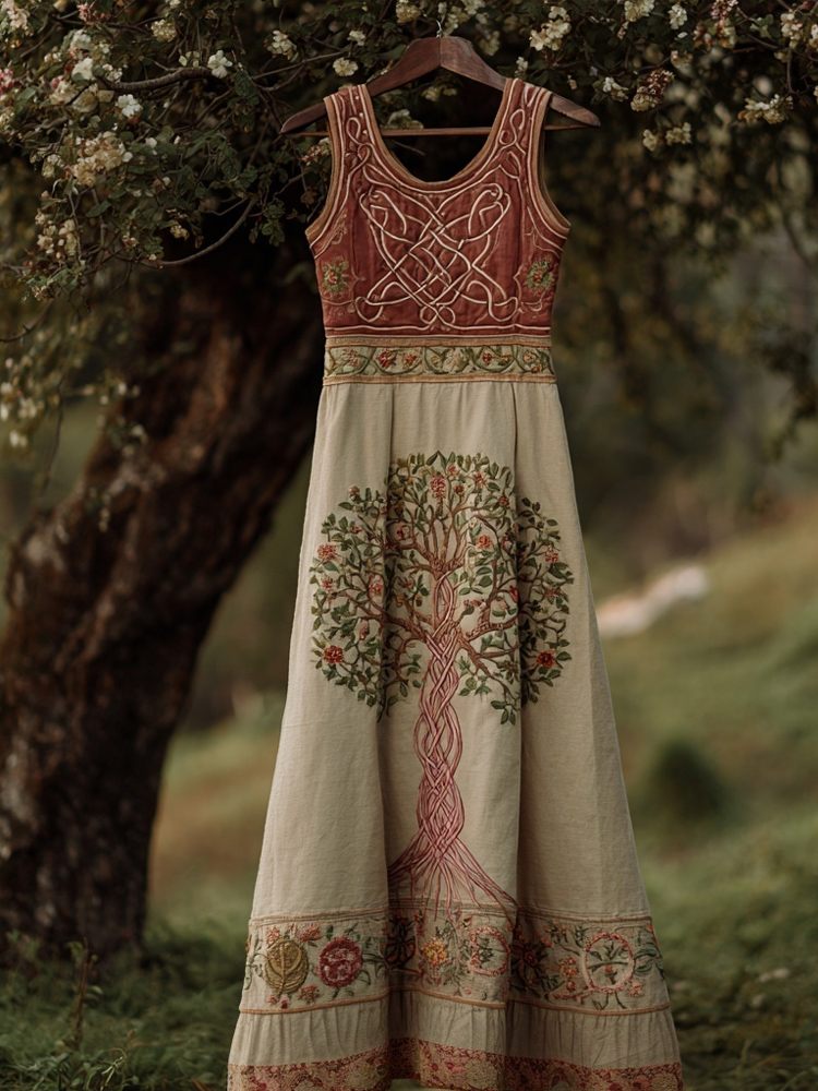 Comstylish Vintage Celtic Tree Of Life Embroidered Contrast Linen Maxi Dress