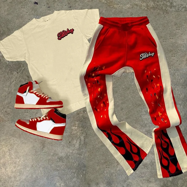 Personalized Sowavy Print Hip Hop Short Sleeve Tee & Flared Trousers Two Piece Set