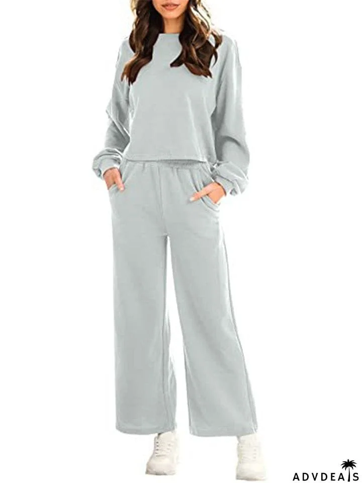 Female Leisure Cozy Pullover Long Sleeve Tops + Pocket Sweatpants