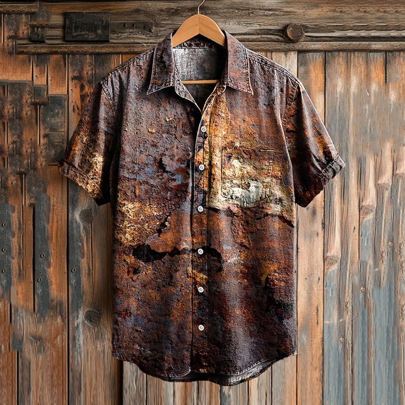 Comstylish Men's Vintage Rust Print Casual Short Sleeve Pocket Shirt