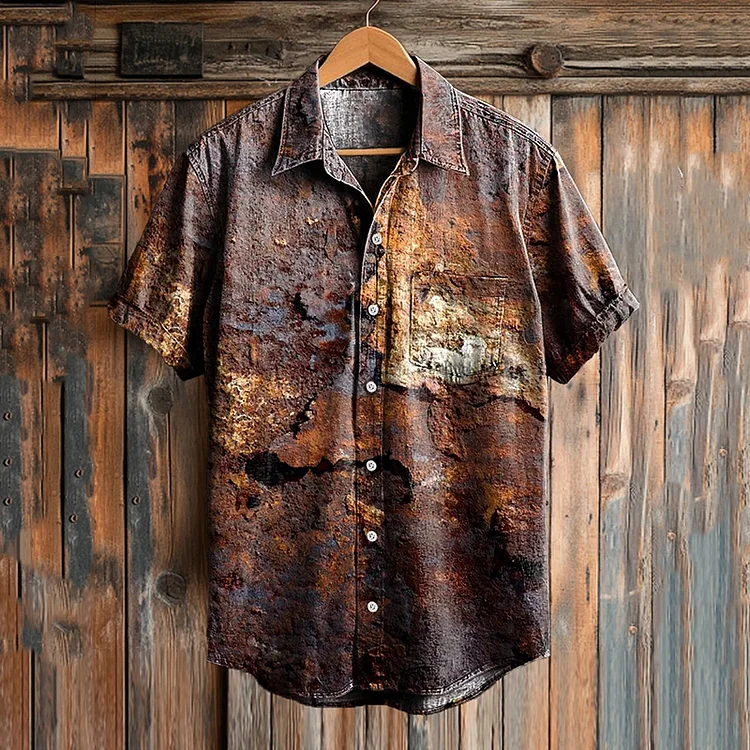 Men's Vintage Rust Print Casual Short Sleeve Pocket Shirt