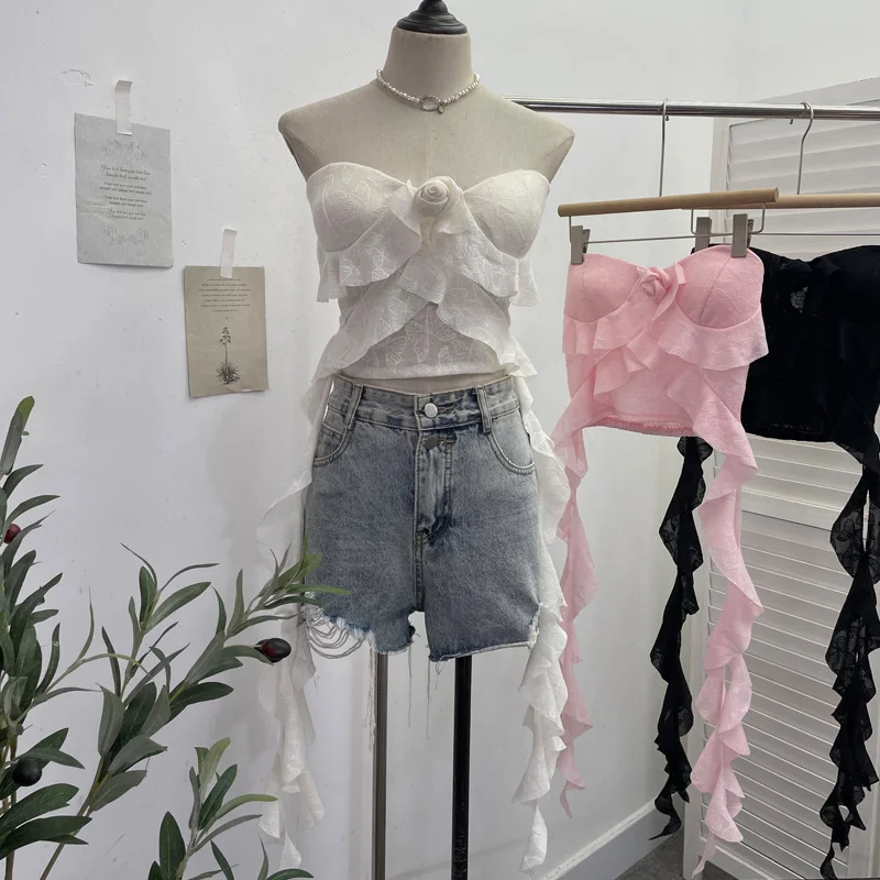 Uveng Real Shooting Lotus Leaf Side Flowers Sleeveless Chest Pads With Chest Vest Pure Desire Style Short-Term Wear 8852