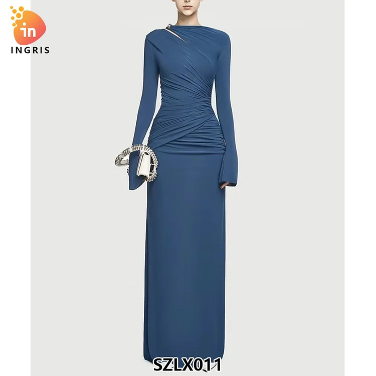 2025 Ramadan Fashion Hot Selling New Waist Ruffled Blue Evening Dress Vietnam Slim Long Elegant Party Dress-SZLX011