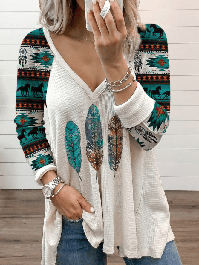 Women's western ethnic style feather print V-neck T-shirt
