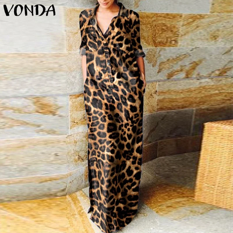 Demin Sundress 2022 Women Casual Turn Down Neck Long Sleeve Solid Dresses VONDA Loose Beach Sundress Bohemian Party Vestidos