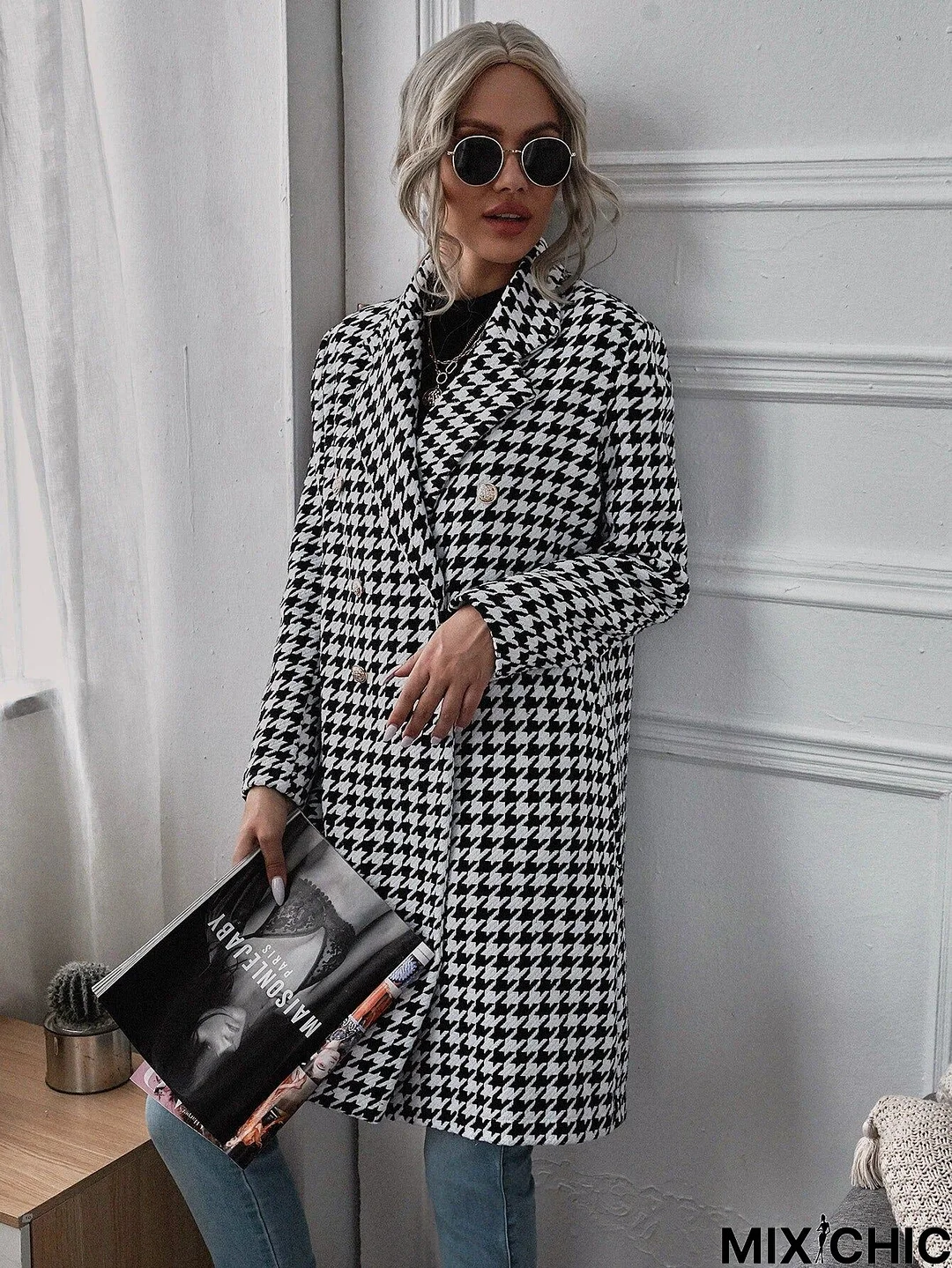 Fashion Houndstooth Long Woolen Coat Woman