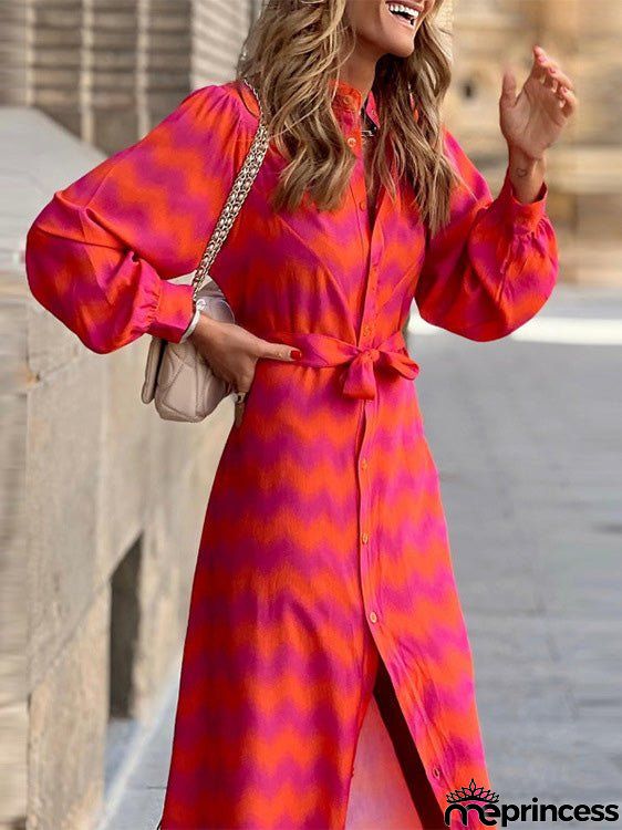 Women's Dresses Wavy Print Lace-Up Long Sleeve Shirt Dress
