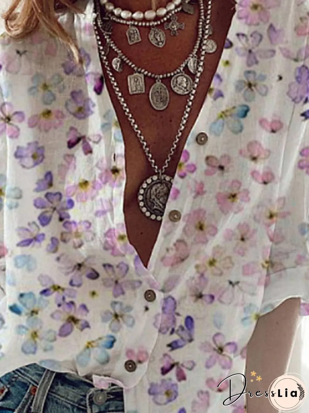 Long Sleeve V Neck Printed Casual Blouse
