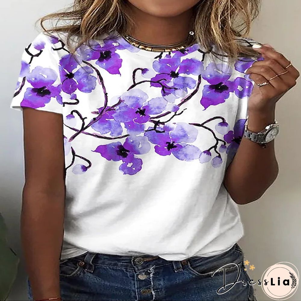 Summer New 3D Printing Ladies Casual Floral Theme Painting T-Shirt Printing Round Neck Soft Fashion Women's Clothing