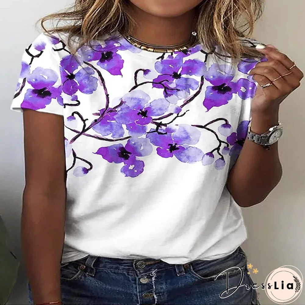 Summer New 3D Printing Ladies Casual Floral Theme Painting T-Shirt Printing Round Neck Soft Fashion Women's Clothing