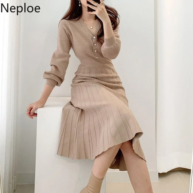 Christmas Gift V Neck Long Sleeve Midi Dress Women Button Decreation High Waist A Line Slim Femme Robe 2021 Chic Knitted Solid Vestidos