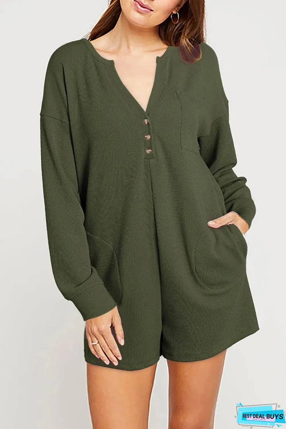 Dark Green Brushed Ribbed Button Split V Neck Long Sleeve Romper