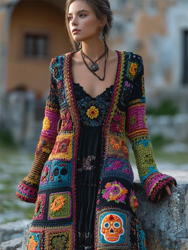 Day Of The Dead Sugar Skull Crochet Long Knit Cardigan