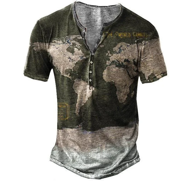 Mens Freedom Retro World Map Freedom Henry T-Shirt