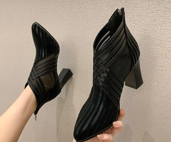 Summer Fashion solid mesh high heels pointed toe cross lines decoration ankle lady boots grace women ventilate boots red/black