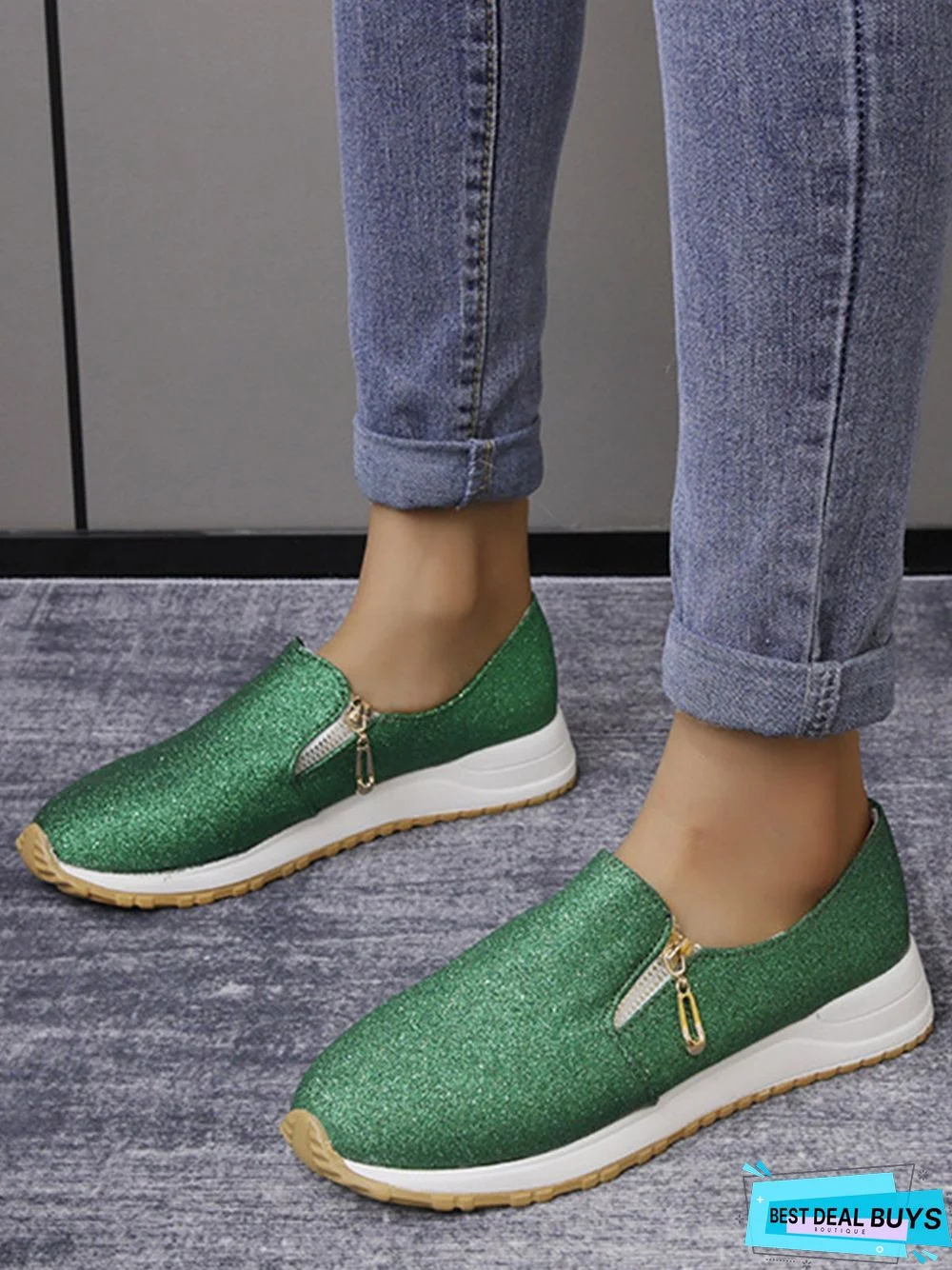 Lightweight Soft Sole Zip Glitter Casual Sneakers