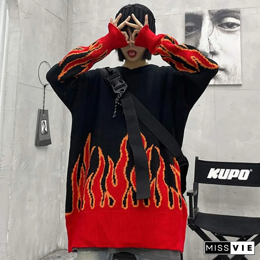 Chic Colorblock Knit Flame Print Sweater