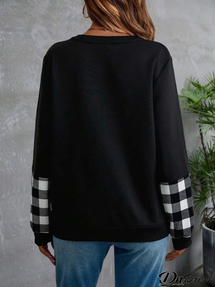 Women's Black Patchwork Plaid Patterned Long-Sleeve Sweatshirt For Autumn