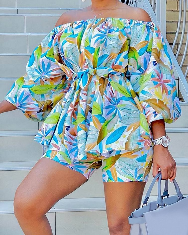 Plus Size Vacation Tropical Leaves Print Off Shoulder Belted Two Piece Short Set [Pre-Order]