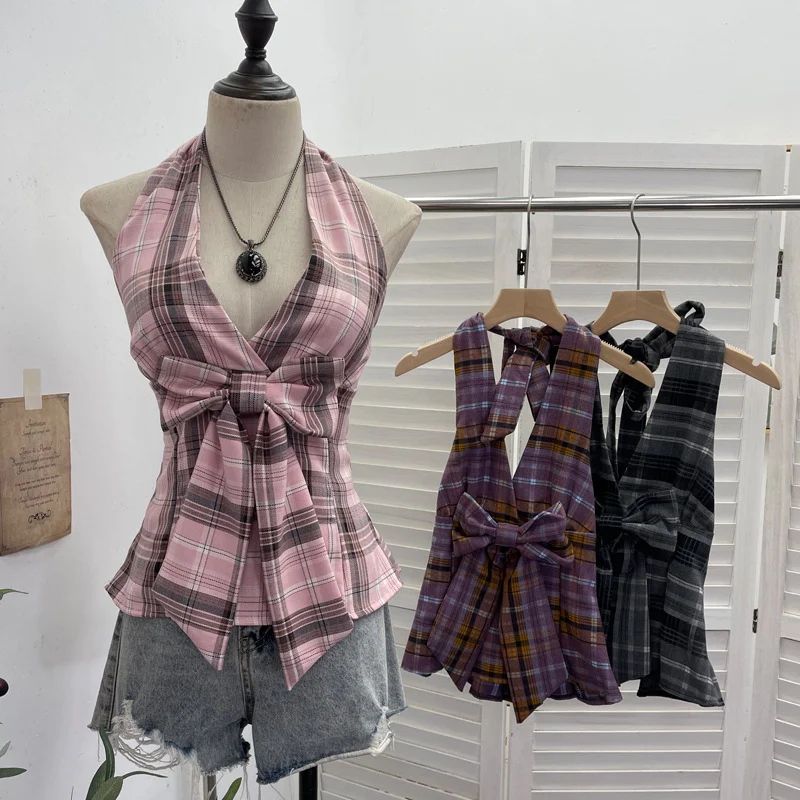 Nigikala Nigikala New Bow Design V-Neck Sexy Hanging Neck Sling Vest Sleeveless Top 9237