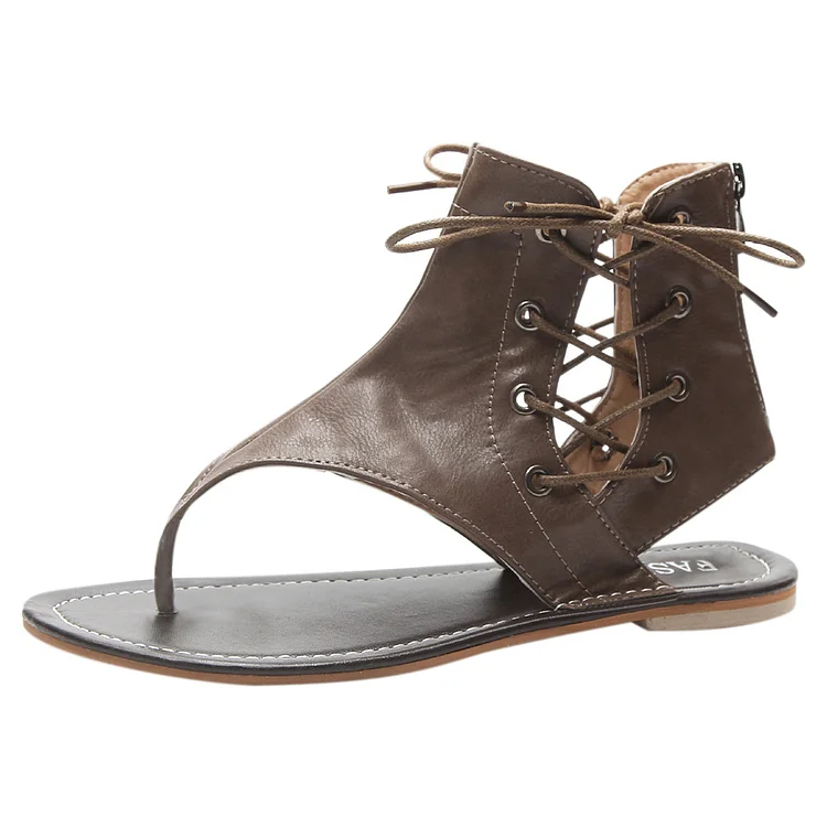Vintage Women Tie Flat Gladiator Sandals Flip Flops PU Leather Beach Shoes-224122