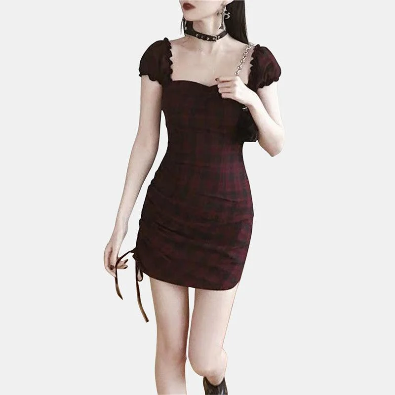 Dark Red and Black Plaid Hip Dress
