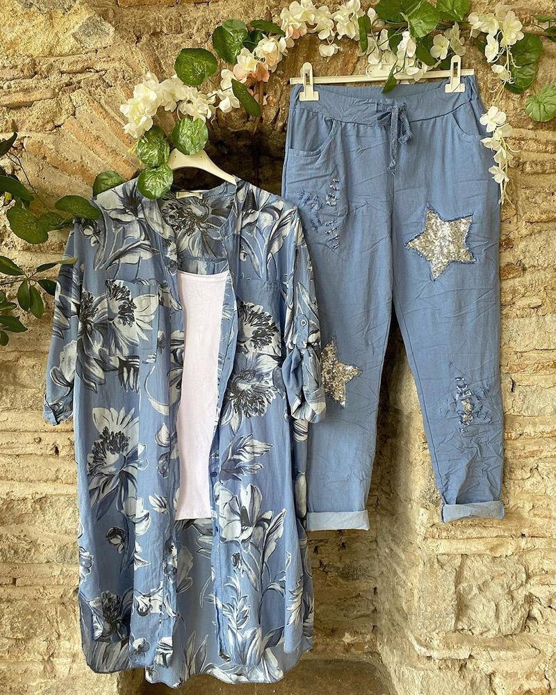 Floral Print Open Front Casual Two-piece Suits