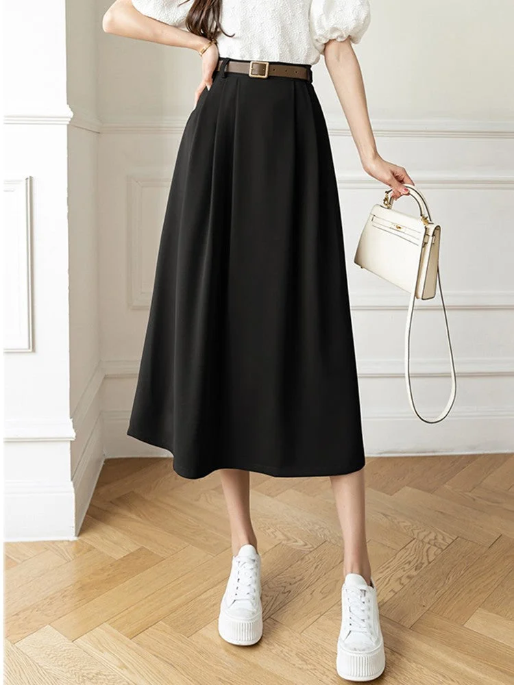 Elegant High Waist Solid Color A-line Skirt