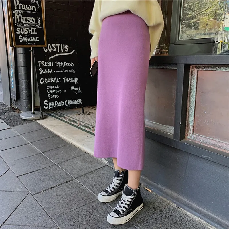 Colorful Women Knitted Skirt Elastic Waist Female Sweater Skirts A-line Split Lady Skirt 2019 Autumn Winter Midi Skirts Femme